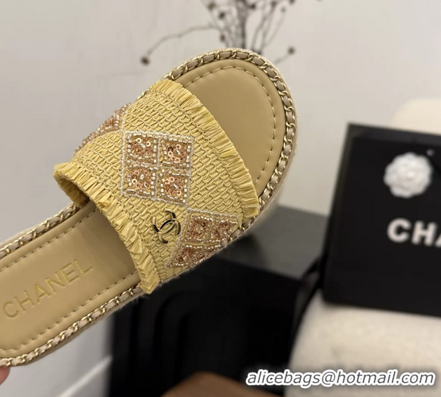 Super Chanel CC Crochet Flat Slides Sandals with Chain Beige 6051603