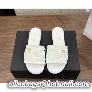 Good Looking Chanel CC Crochet Flat Slides Sandals White 6051603