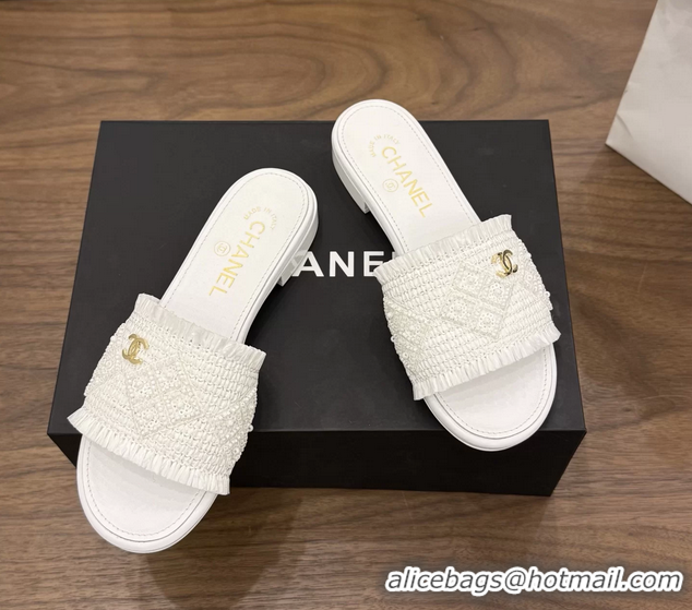 Good Looking Chanel CC Crochet Flat Slides Sandals White 6051603