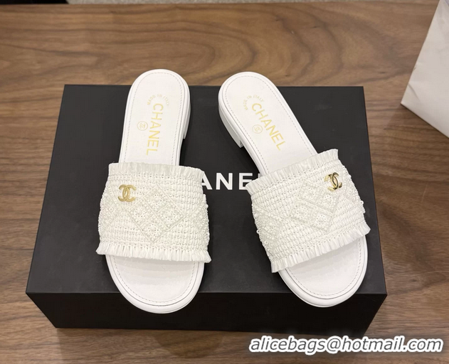 Good Looking Chanel CC Crochet Flat Slides Sandals White 6051603