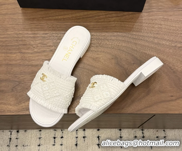 Good Looking Chanel CC Crochet Flat Slides Sandals White 6051603