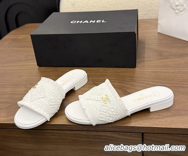 Good Looking Chanel CC Crochet Flat Slides Sandals White 6051603