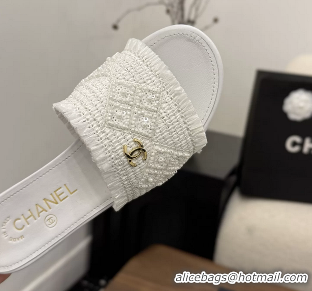 Good Looking Chanel CC Crochet Flat Slides Sandals White 6051603