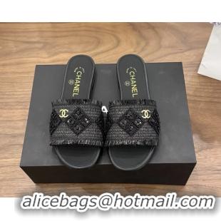 Best Product Chanel CC Crochet Flat Slides Sandals Black 6051603