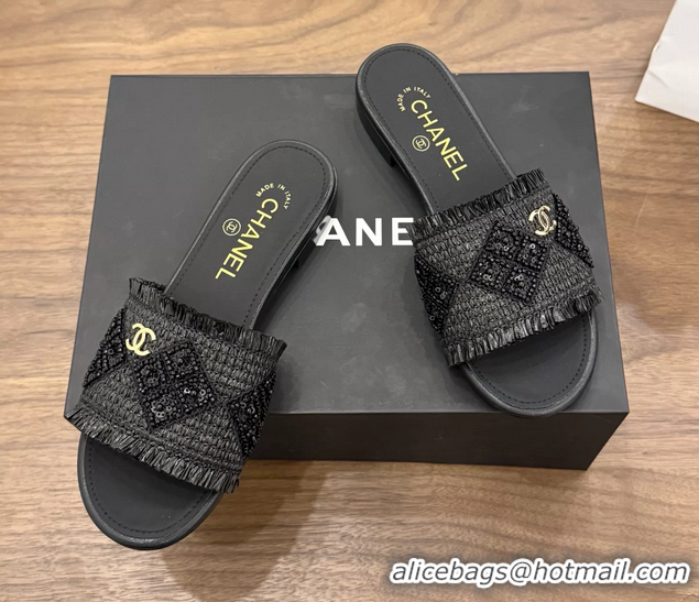 Best Product Chanel CC Crochet Flat Slides Sandals Black 6051603
