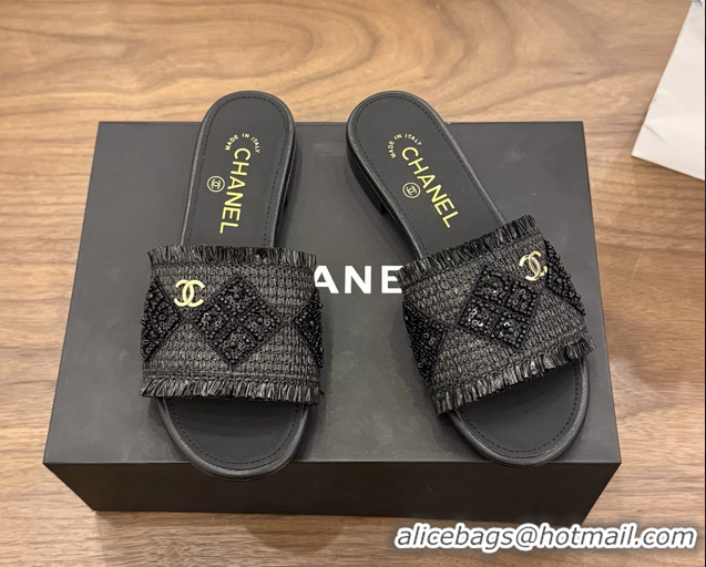 Best Product Chanel CC Crochet Flat Slides Sandals Black 6051603