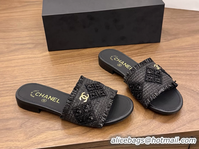 Best Product Chanel CC Crochet Flat Slides Sandals Black 6051603