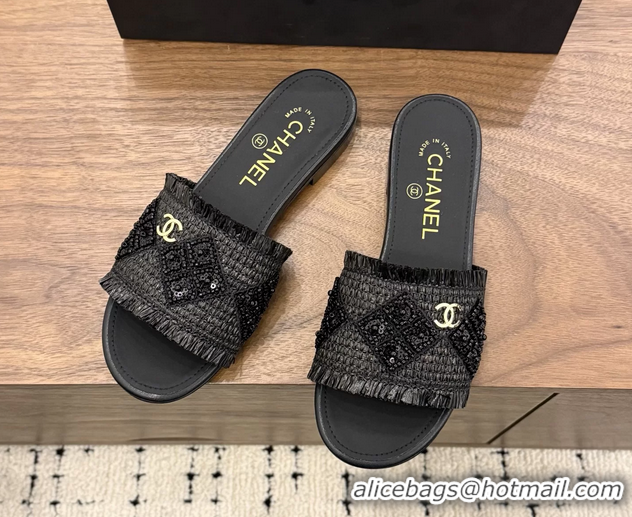Best Product Chanel CC Crochet Flat Slides Sandals Black 6051603
