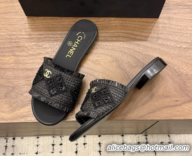 Best Product Chanel CC Crochet Flat Slides Sandals Black 6051603