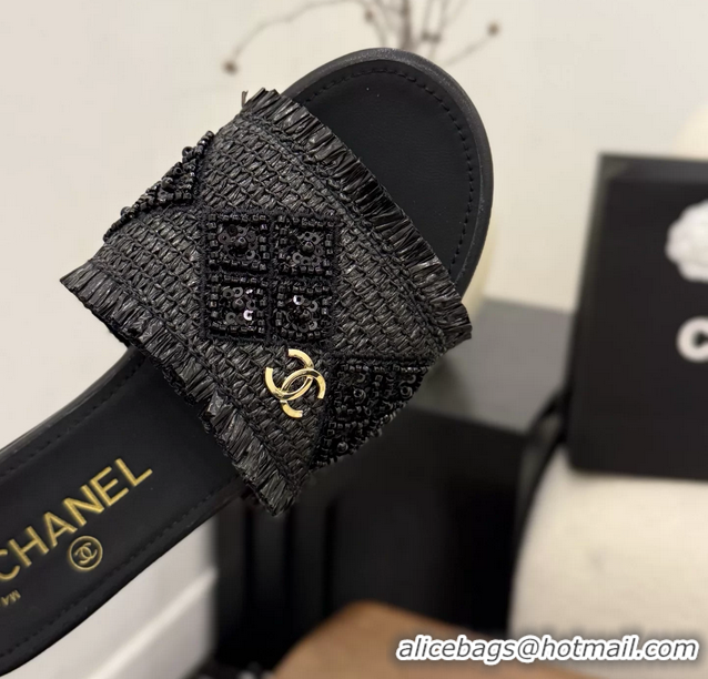 Best Product Chanel CC Crochet Flat Slides Sandals Black 6051603