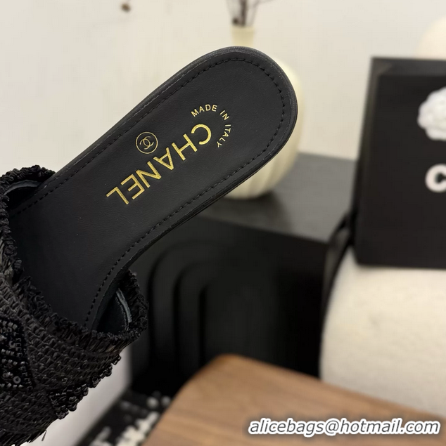 Best Product Chanel CC Crochet Flat Slides Sandals Black 6051603