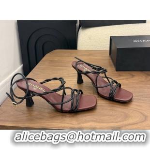 Shop Duplicate Chanel Black Leather Knot Detail Heeled Sandals 70MM 6051604