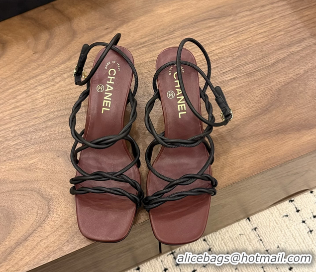 Shop Duplicate Chanel Black Leather Knot Detail Heeled Sandals 70MM 6051604
