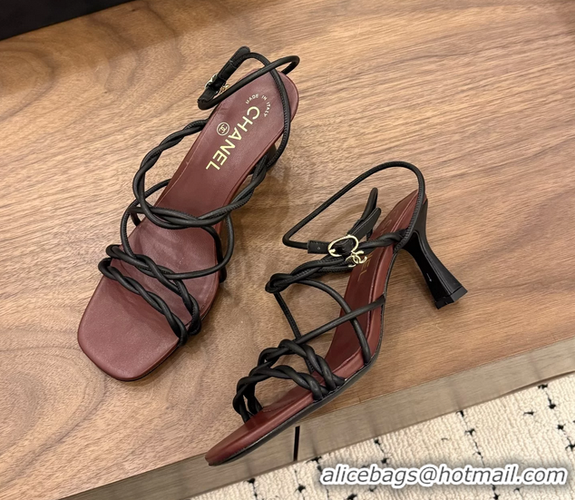 Shop Duplicate Chanel Black Leather Knot Detail Heeled Sandals 70MM 6051604