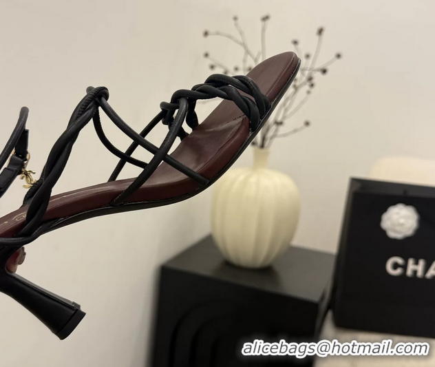 Shop Duplicate Chanel Black Leather Knot Detail Heeled Sandals 70MM 6051604