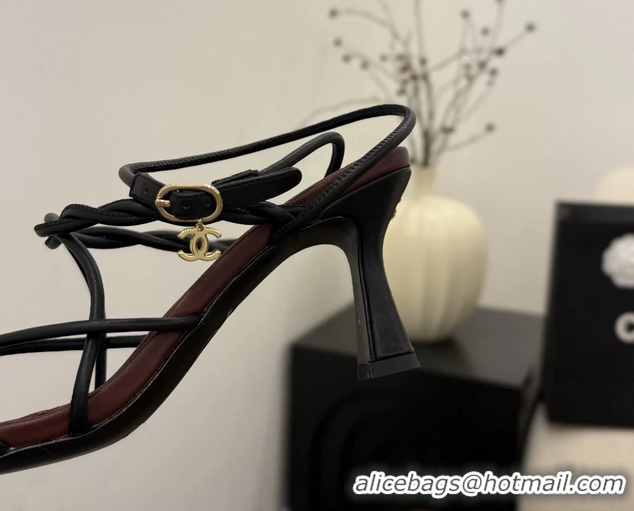 Shop Duplicate Chanel Black Leather Knot Detail Heeled Sandals 70MM 6051604