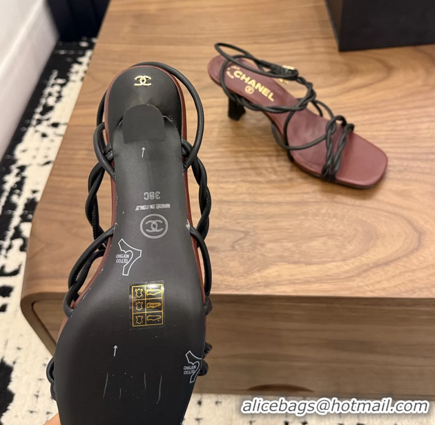 Shop Duplicate Chanel Black Leather Knot Detail Heeled Sandals 70MM 6051604