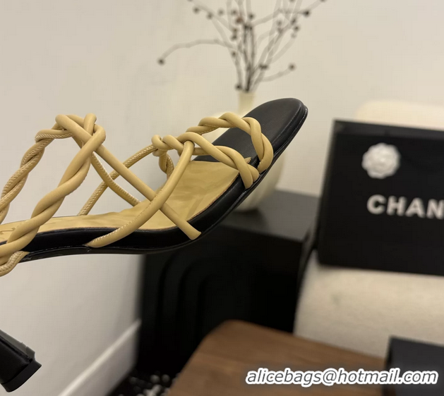 Shop Duplicate Chanel Black Leather Knot Detail Heeled Sandals 70MM 6051604