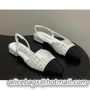 Cheap Price Chanel White Tweed Slingback Flats 6051605