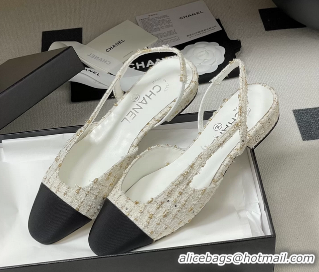 Cheap Price Chanel White Tweed Slingback Flats 6051605