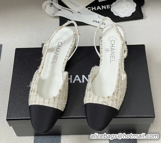 Cheap Price Chanel White Tweed Slingback Flats 6051605