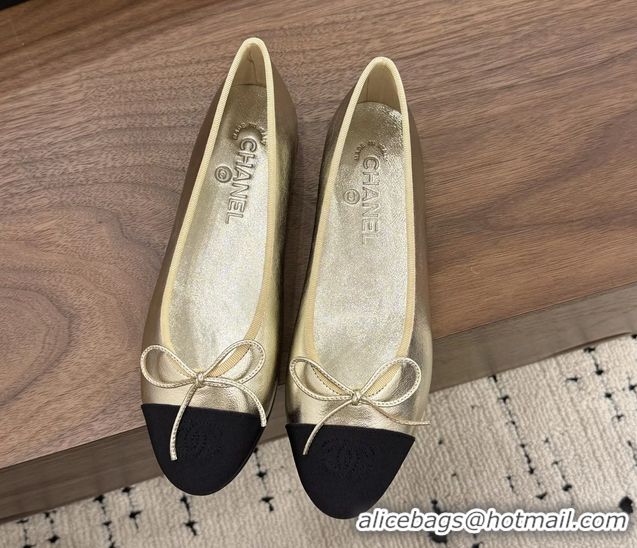 Best Chanel CC Logo Bowknot Gold Calfskin Leather Ballet Flats 6051607