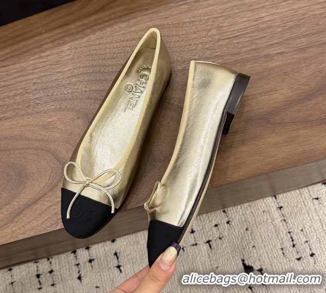 Best Chanel CC Logo Bowknot Gold Calfskin Leather Ballet Flats 6051607