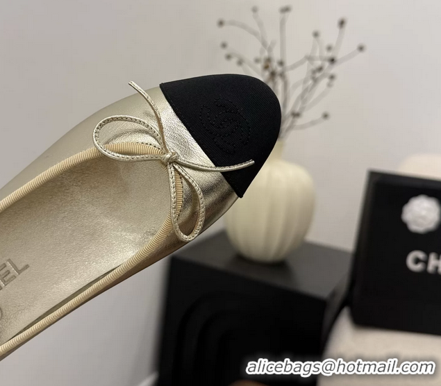 Best Chanel CC Logo Bowknot Gold Calfskin Leather Ballet Flats 6051607