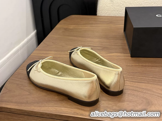 Best Chanel CC Logo Bowknot Gold Calfskin Leather Ballet Flats 6051607