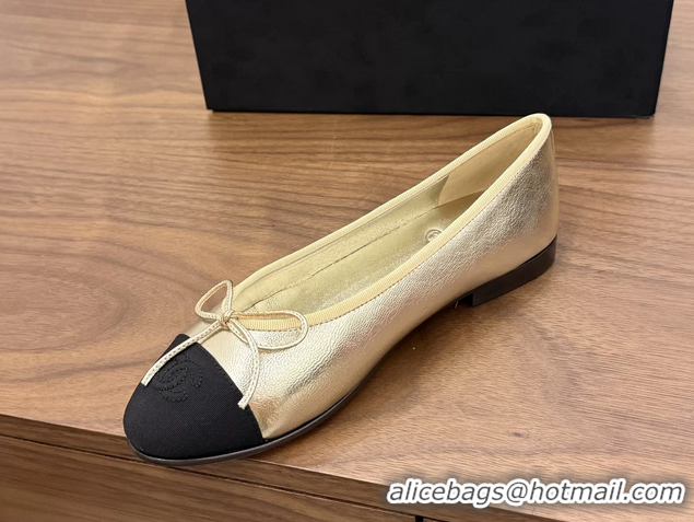 Best Chanel CC Logo Bowknot Gold Calfskin Leather Ballet Flats 6051607