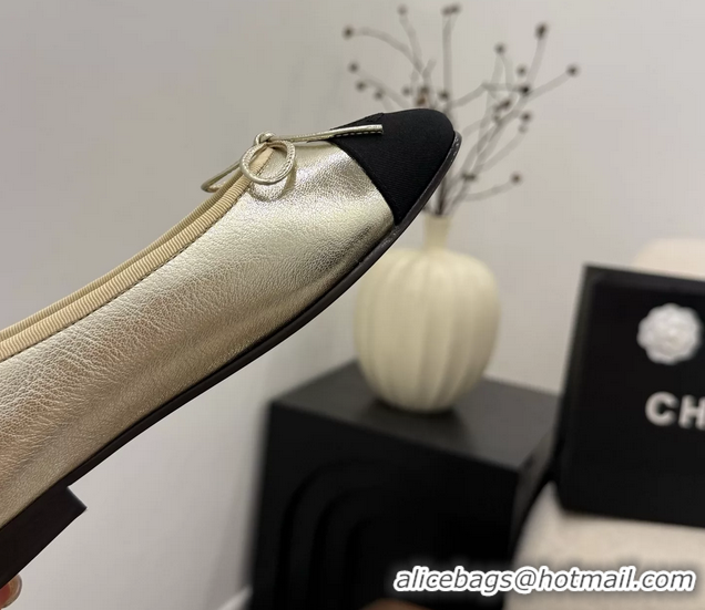 Best Chanel CC Logo Bowknot Gold Calfskin Leather Ballet Flats 6051607