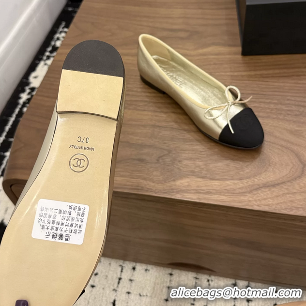 Best Chanel CC Logo Bowknot Gold Calfskin Leather Ballet Flats 6051607