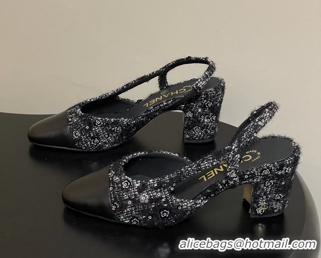 Fashion Luxury Chanel Black Tweed Slingback Pumps 6051608