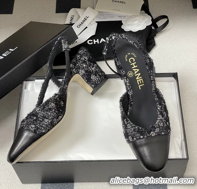 Fashion Luxury Chanel Black Tweed Slingback Pumps 6051608