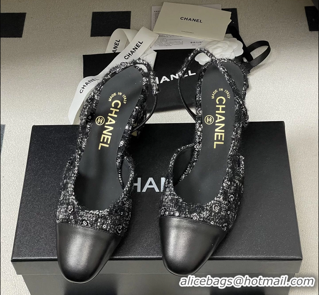 Fashion Luxury Chanel Black Tweed Slingback Pumps 6051608