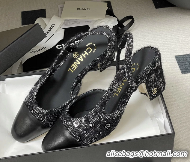 Fashion Luxury Chanel Black Tweed Slingback Pumps 6051608
