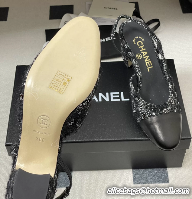 Fashion Luxury Chanel Black Tweed Slingback Pumps 6051608