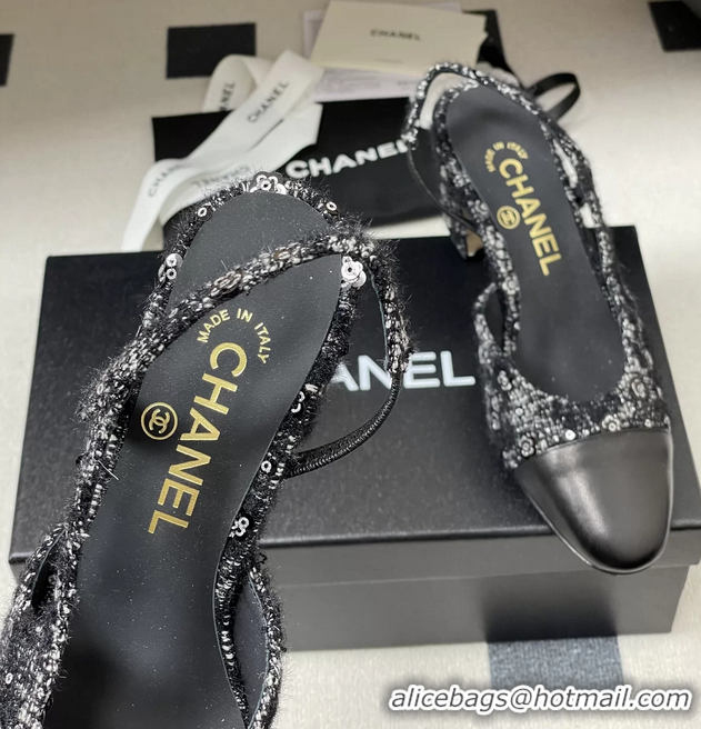 Fashion Luxury Chanel Black Tweed Slingback Pumps 6051608