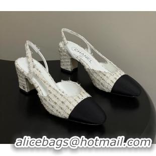 Stylish Chanel White Tweed Slingback Pumps 6051608