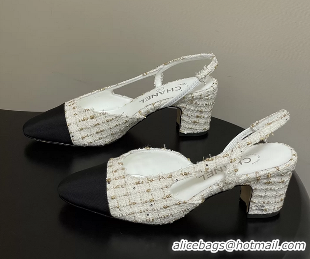 Stylish Chanel White Tweed Slingback Pumps 6051608