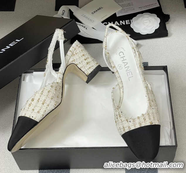 Stylish Chanel White Tweed Slingback Pumps 6051608