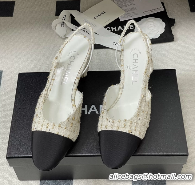 Stylish Chanel White Tweed Slingback Pumps 6051608