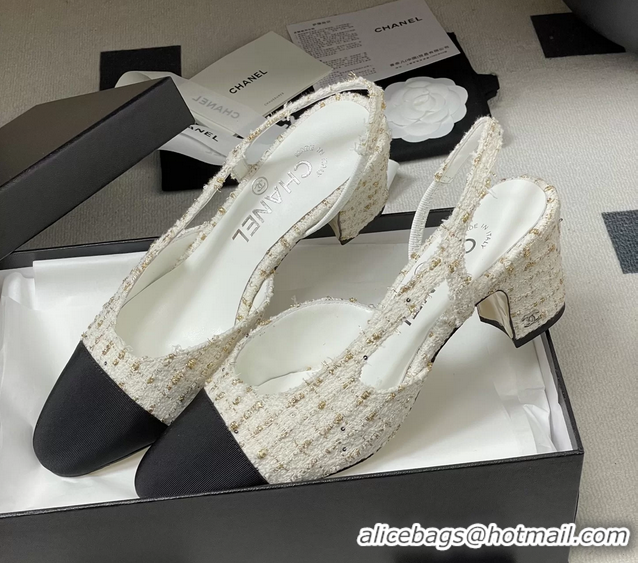 Stylish Chanel White Tweed Slingback Pumps 6051608