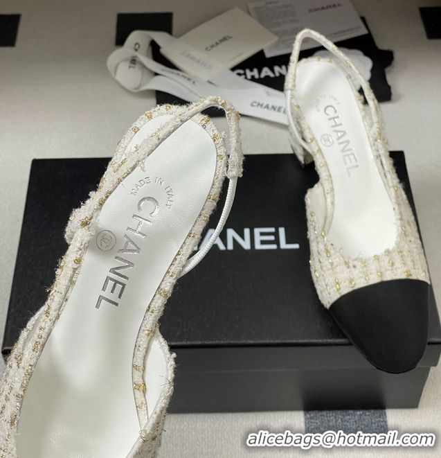 Stylish Chanel White Tweed Slingback Pumps 6051608