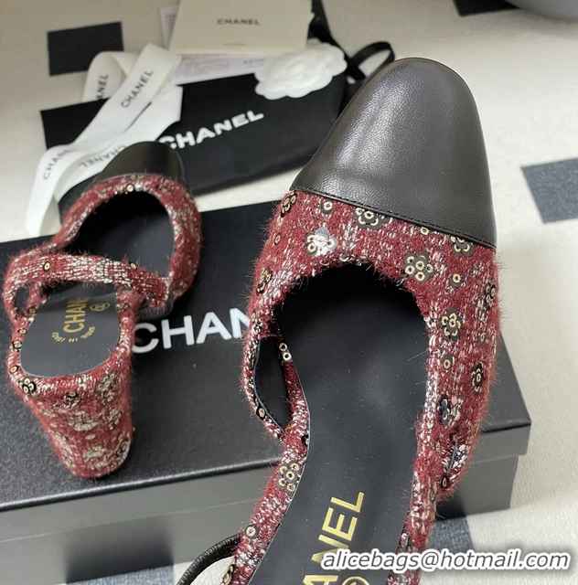 Feminine Chanel Red Tweed High Heeled Slingback Pumps 6051608