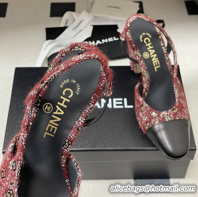 Feminine Chanel Red Tweed High Heeled Slingback Pumps 6051608
