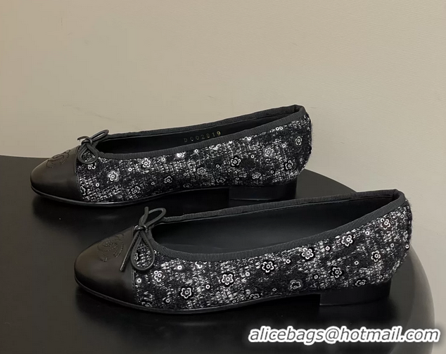 Buy Cheapest Chanel CC Logo Bowknot Black Tweed Blat Flats 6051609