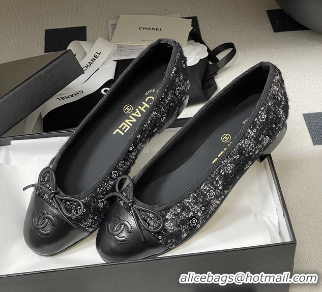 Buy Cheapest Chanel CC Logo Bowknot Black Tweed Blat Flats 6051609