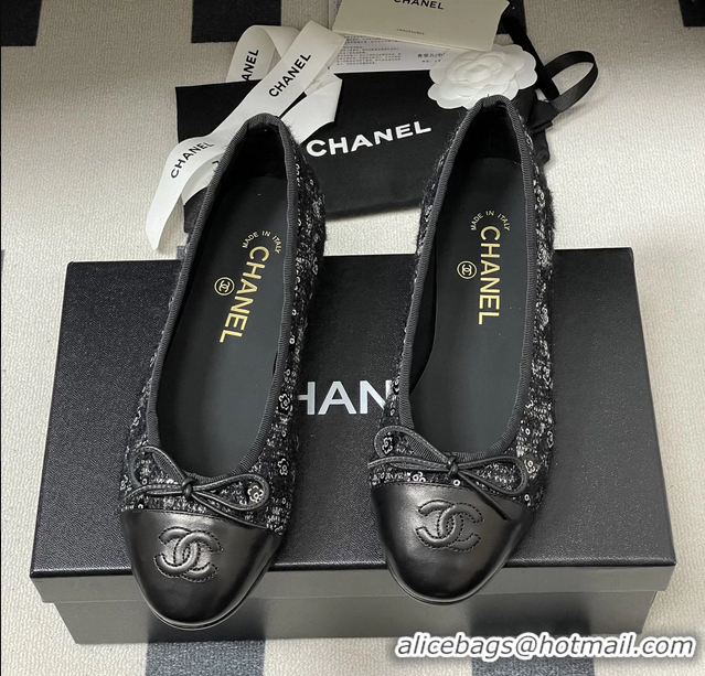 Buy Cheapest Chanel CC Logo Bowknot Black Tweed Blat Flats 6051609