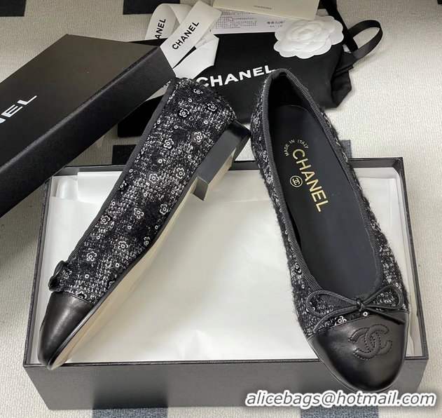 Buy Cheapest Chanel CC Logo Bowknot Black Tweed Blat Flats 6051609